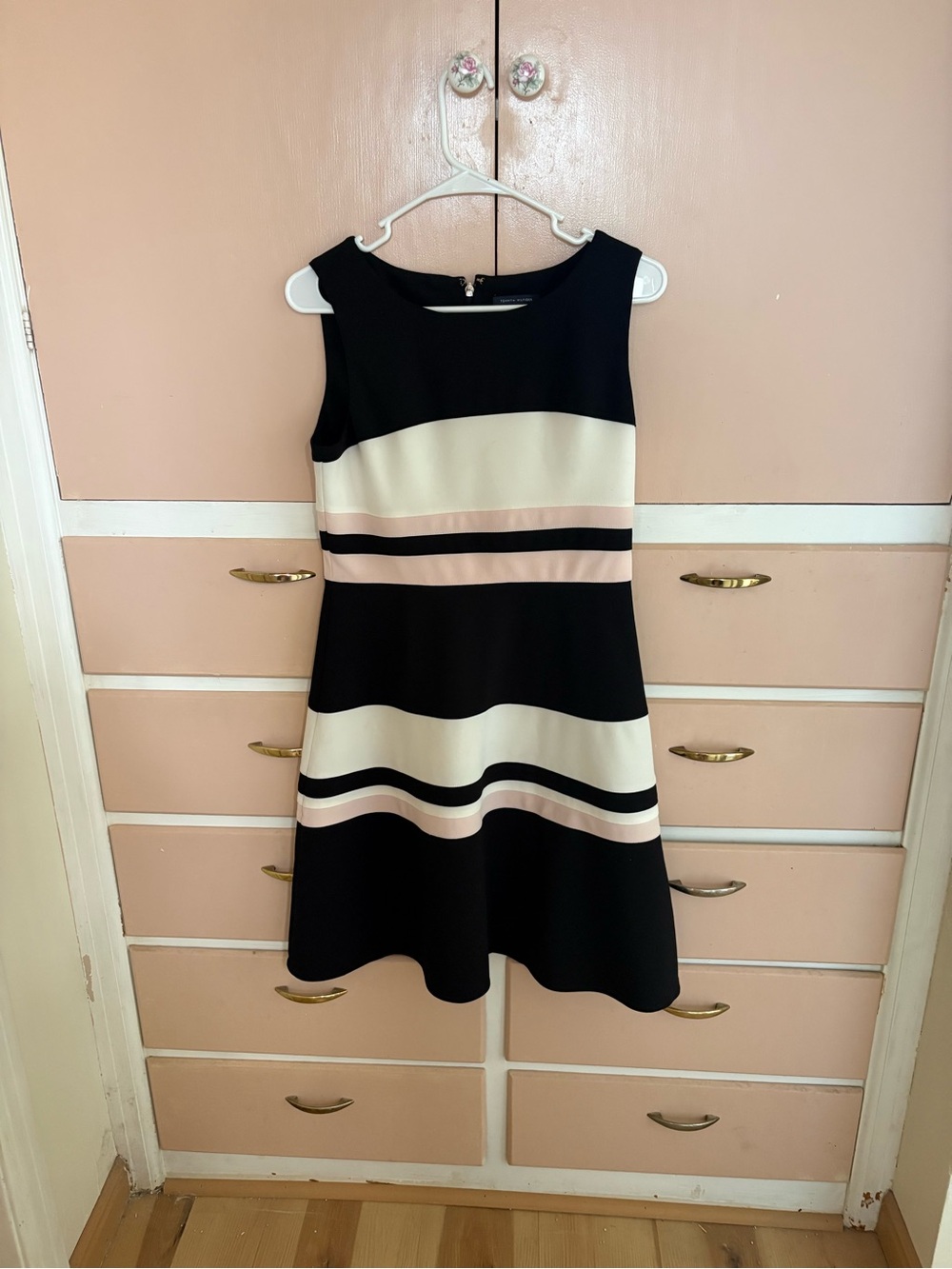 Tommy Hilfiger Black, Cream & Pink Striped Sleeveless Fit-and-Flare Dress